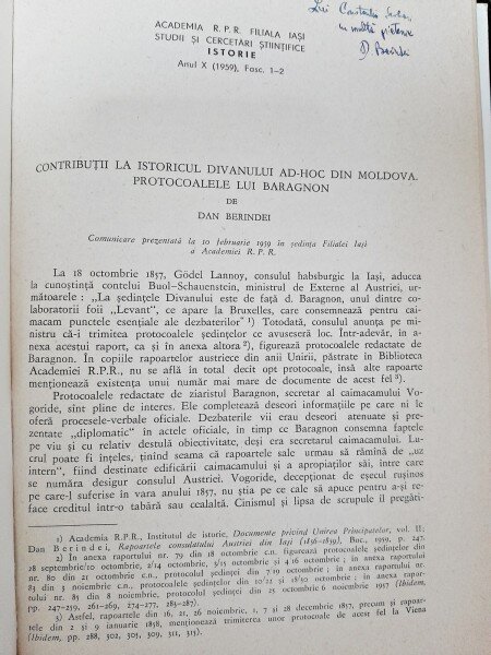 Contributii la istoricul divanului ad-hoc din Moldova. Protocoalele lui Baragnon - Dan Berindei  cu dedicatie
