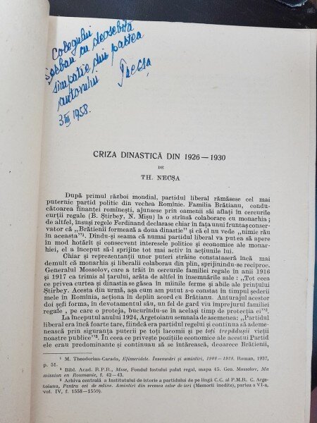 Criza dinastica din 1926-1930 - Th. Necsa  cu dedicatie