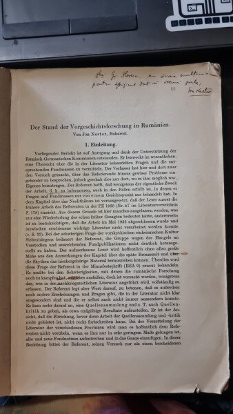 Der Stand der Vorgeschichtsforschung in Rumanien - Jon Nestor (cu dedicatia autorului pentru Gr. Florescu)