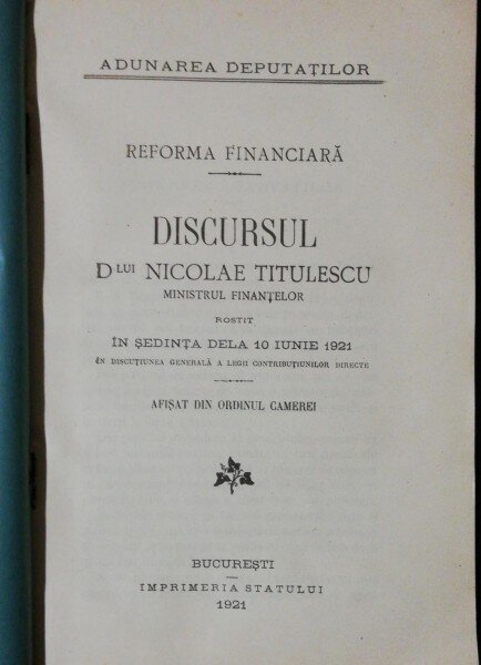 DISCURSUL DOMNULUI NICOLAE TITULESCU MINISTRUL FINANTELOR - ADUNAREA DEPUTATILOR