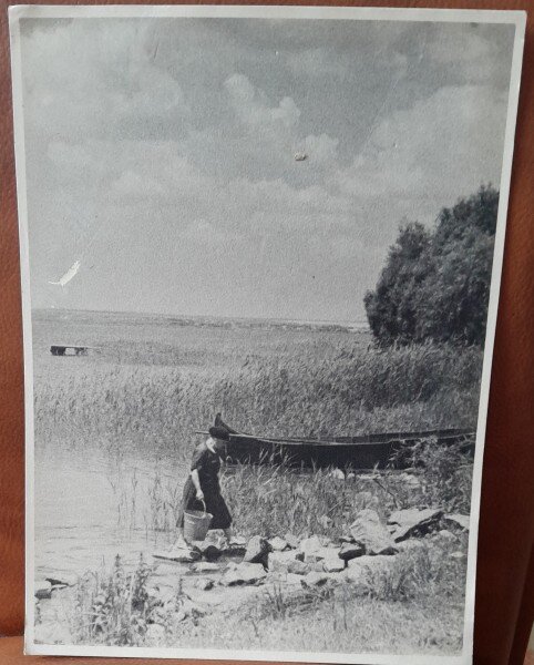 Fotografie, femeie carand apa cu galeata, perioada interbelica