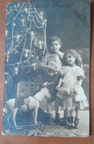 Fotografie tip carte postala, necirculata, copii langa bradul de Craciun, 1924