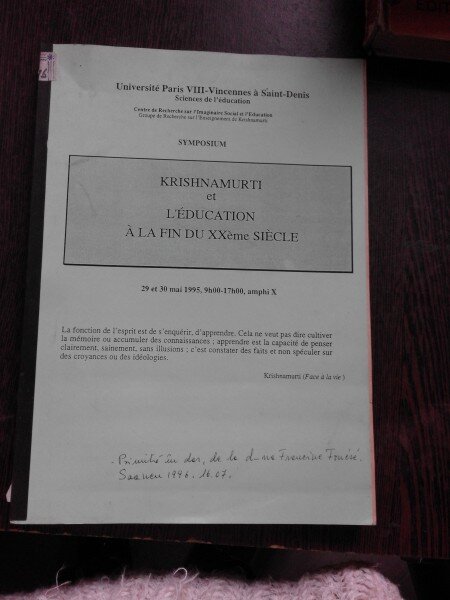 KRISHNAMURTI ET L'EDUCATION A LA FIN DU XXEME SIECLE, SIMPOZION 1995, TEXT IN LIMBA FRANCEZA