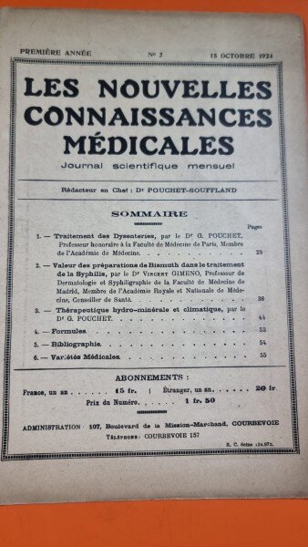 Les Nouvelles Connaissances Medicales Premiere Annee Nr. 2 Octobre 1924