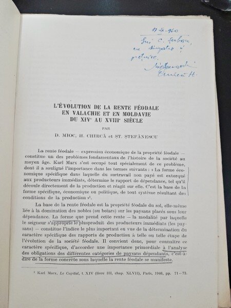 L'Evolution de la rente feodale en Valachie en Moldavie du XIV au XVIII siecle - D. Mioc, H. Chirica, St. Stefanescu  cu dedicatie