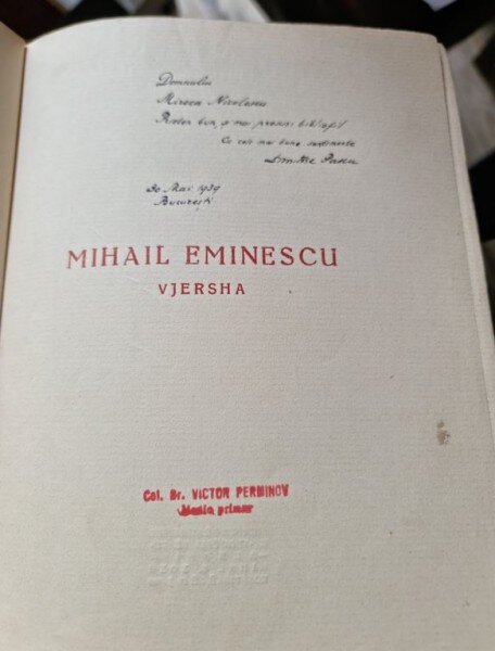 Mihail Eminescu - Vjersha, cu dedicatia ingrijitorului editiei
