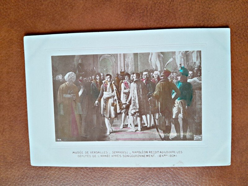 Napoleon Bonaparte dupa incoronare, reproducere tip carte postala, dupa un tablou de la Vesailles