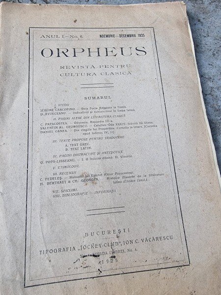 Orpheus. Revista pentru cultura clasica Anul I Nr. 6 Noiembrie - Decembrie 1925