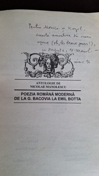 Poezia romana moderna de la G. Bacovia la Emil Botta , Nicolae Manolescu (cu dedicatia autorului pentru Virgil Ierunca si Monica Lovinescu)