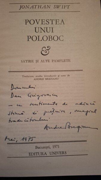 Povestea unui poloboc - Jonathan Swift (cu dedicatia traducatorului , Andrei Brezianu)
