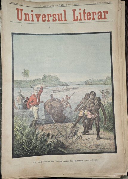 Revista Universul Literar nr.6/1897  pe coperta o vanatoare de hipopotami in Africa