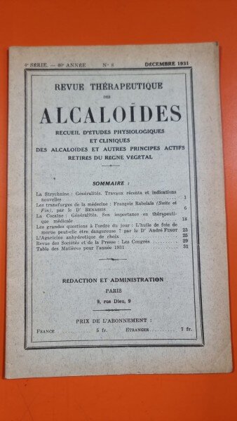 Revue Therapeutique des Alcaloides 4 Serie 40 Annee Nr 8 Decembre 1931