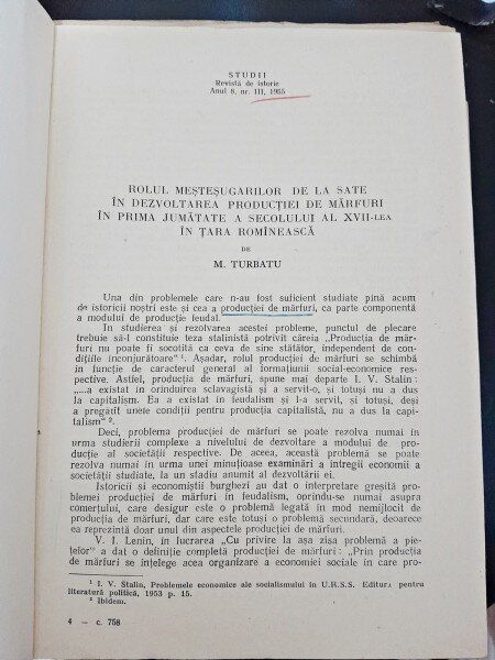 Rolul mestesugarilor de la sate in dezvoltarea productiei de marfuri in prima jumatate a secolului al XVII-lea in Tara Romaneasca -  M. Turbatu
