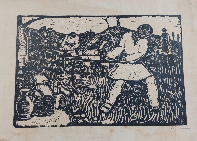 Tarani la coasa - Nicolae Brana - xilogravura