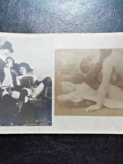2 fotografii vechi, cca 1900, cu tema erotica, lipite pe carton