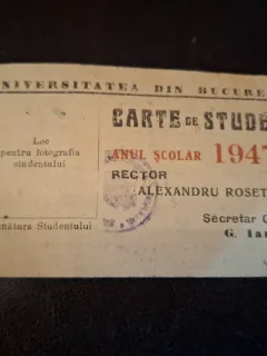 Carte de student , facultatea de litere din Bucuresti - Anul scolar 1947/48