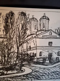 Gravura -  strazi din Bucuresti - epreuve lito/test lito, semnatura olografa Dragos Morarescu