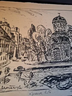 Gravura -  strazi din Bucuresti - epreuve lito/test lito, semnatura olografa Dragos Morarescu