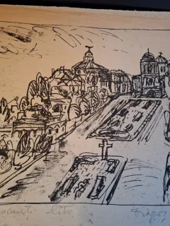 Gravura -  strazi din Bucuresti - epreuve lito/test lito, semnatura olografa Dragos Morarescu