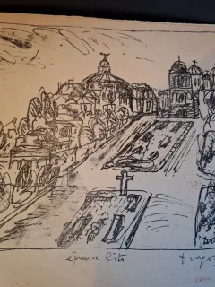 Gravura -  strazi din Bucuresti - epreuve lito/test lito, semnatura olografa Dragos Morarescu