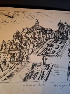 Gravura -  strazi din Bucuresti - epreuve lito/test lito, semnatura olografa Dragos Morarescu