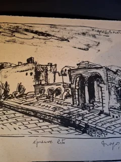 Gravura -  strazi din Bucuresti - epreuve lito/test lito, semnatura olografa Dragos Morarescu