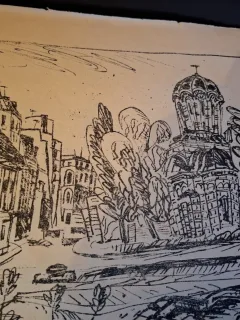 Gravura -  strazi din Bucuresti - epreuve lito/test lito, semnatura olografa Dragos Morarescu
