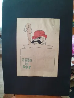 Caricatura, desen original in penita si ceracolor, semnata Iosif Ross 1899 - 1974, la urna de vot, cu paspartu