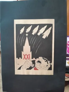 Caricatura, desen original in penita si ceracolor, semnata Iosif Ross 1899 - 1974, URSS si Amercica in secolul XXI, cu paspartu