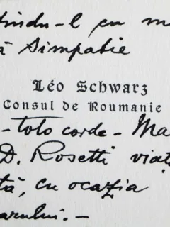 CARTE DE VIZITA A CONSULUI ROMANIEI LEO SCHWARZ, CU MESAJ DE FELICITARE PENTRU RADU D. ROSETTI