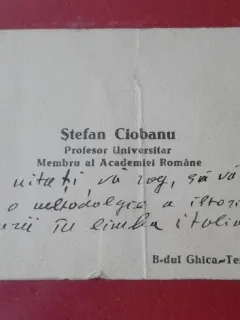 Carte de vizita, Stefan Ciobanu, profesor universitar, membru al Academiei Romane 1883-1950. Cu mesaj scris
