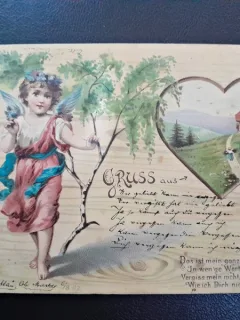Carte postala fetita si peisaj, inceput de secol XX