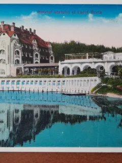 Carte postala, Baia Ocna, Hotelul statului si Lacul Horia, perioada interbelica