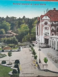 Carte postala, Baia Ocna Sibiului, Hotelul statului si lacul Horia, perioada interbelica