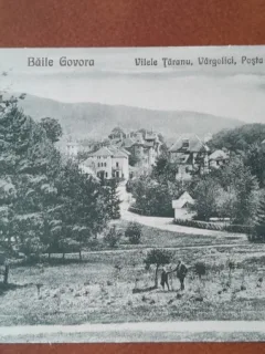 Carte postala, Baile Govora, vilele Taranu, Vargolici, Posta si Hotelul Stefanescu, perioada interbelica