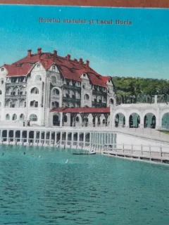 Carte postala, Baile Ocna Sibiului, Hotelul statului si Lacul Horia, perioada interbelica