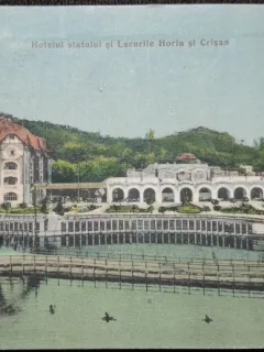 Carte postala, Baile Ocna Sibiului, hotelul statului si lacurile Horia si crisan, 1923