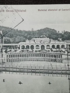 Carte postala, Baile Ocna Sibiului Hotelul Statului si Lacurile Horia si Crisan, 1932