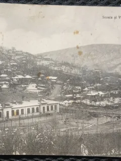Carte Postala, Baile Telega, Scoala si vedere partiala a satului, perioada interbelica