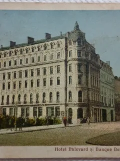 Carte postala, Bucuresti Hotel Bulevard si Banque Belge pour lEtrange, perioada interbelica