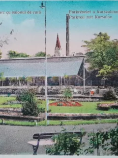 Carte postala, Buzias, salonul de cura si parte din parc, 1932