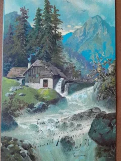 Carte postala, cabana in munti, desenata, perioada interbelica