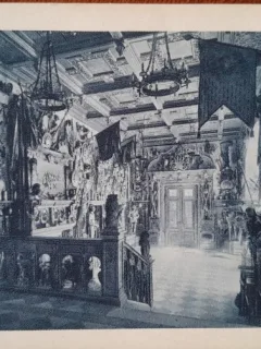 Carte postala, Castelul Peles, sala de arme, perioada interbelica