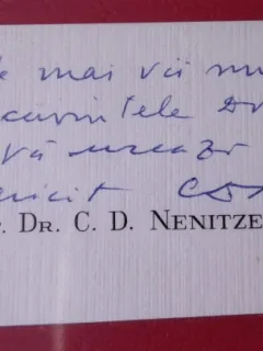 Carte postala C.D. Nenitzescu, 1902-1970, doctor in drept si stiinte politice, cu mesaj de multumire si semnatura