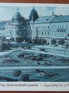 Carte postala, Cluj, Piata Unirii cu statuia lupoaicei, 1929