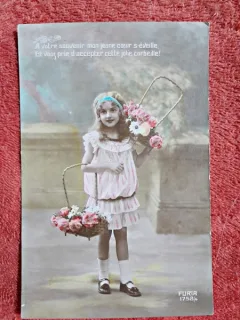 Carte postala color, fetita, perioada interbelica