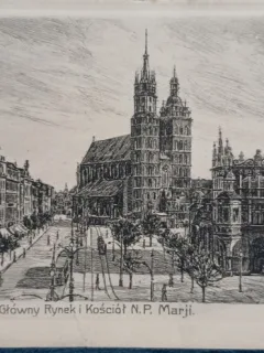 Carte postala, Cracovia. Piața Principală și Biserica Sfintei Fecioare Maria, perioda interbelica