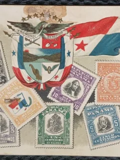 Carte Postala cu timbre din Republica Panama+stema si drapel (in relief)