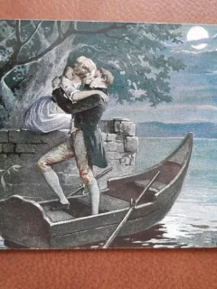 Carte postala, desen doi indragostiti pe lac, inceput de secol XX