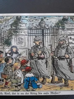 Carte postala, desen soldati si copii, inceput de secol XX